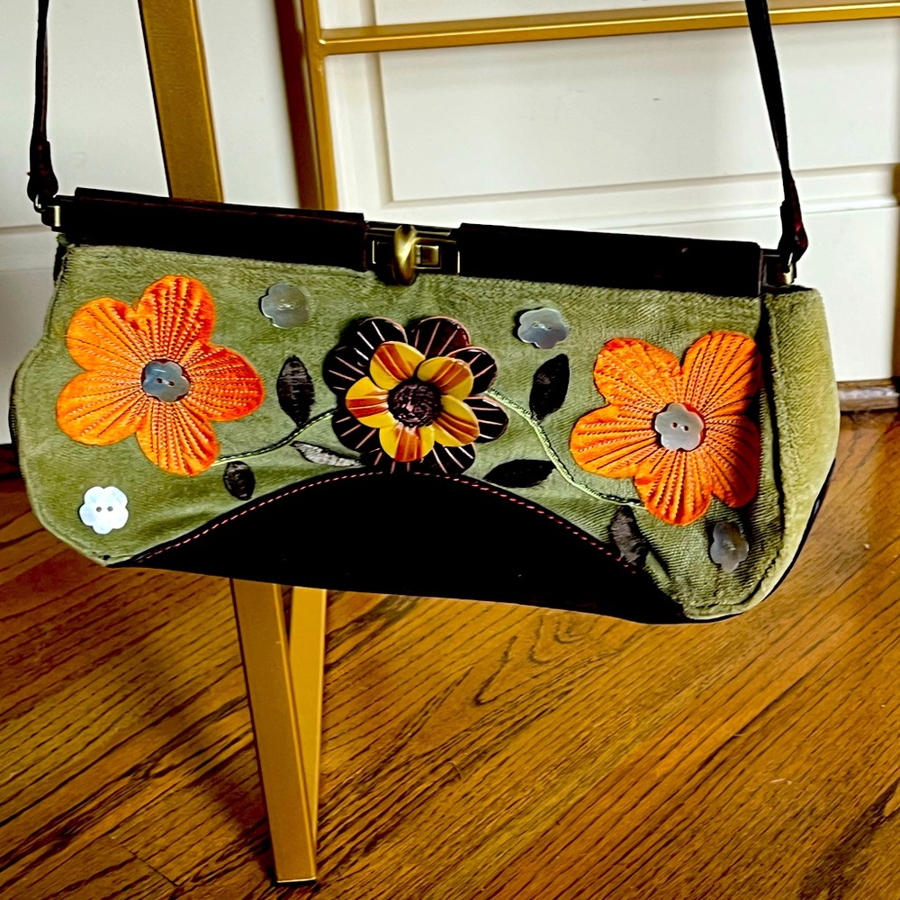 Oilily green suede floral appliqué purse